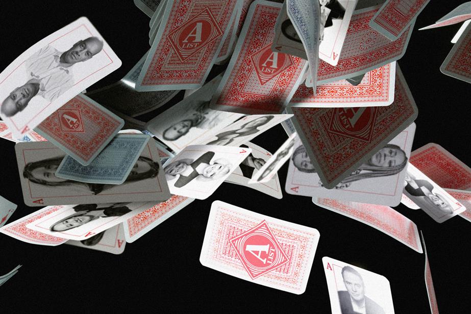 Playing cards in the air featuring people from the Campaign A List