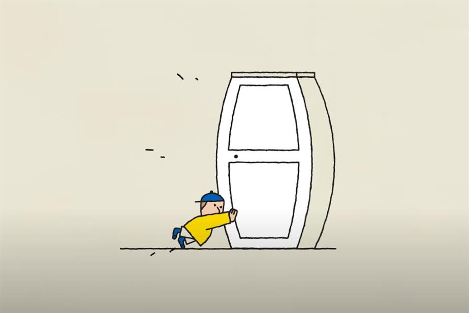A cartoon boy tries to push a storage unit closes while it bulges comically.