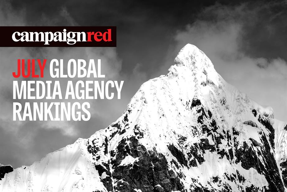 A mountain with the text "July global media agency rankings"