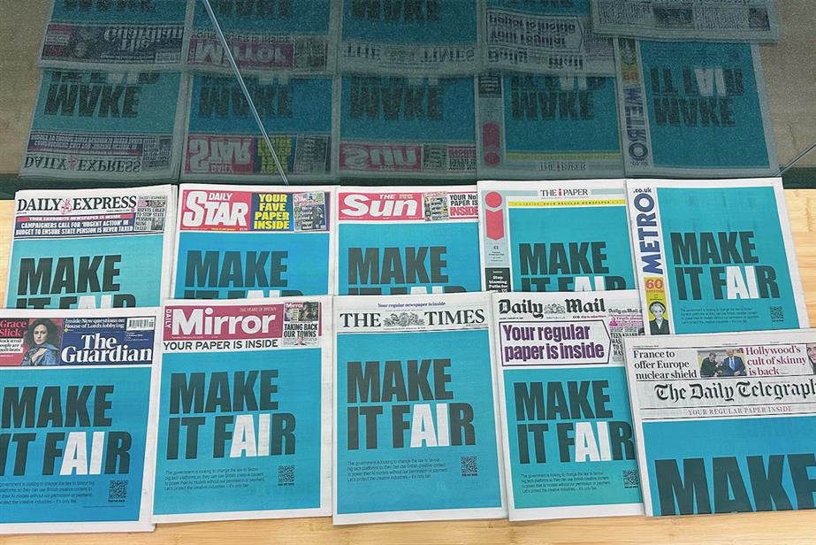 A collection of newspapers carrying a cover ad demanding 'Make it fair'
