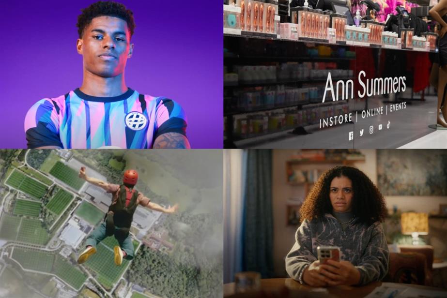 Clockwise from top left: Footballer Marcus Rashford in BT ad, Ann Summers store, Starling Bank ad, and Entain ad