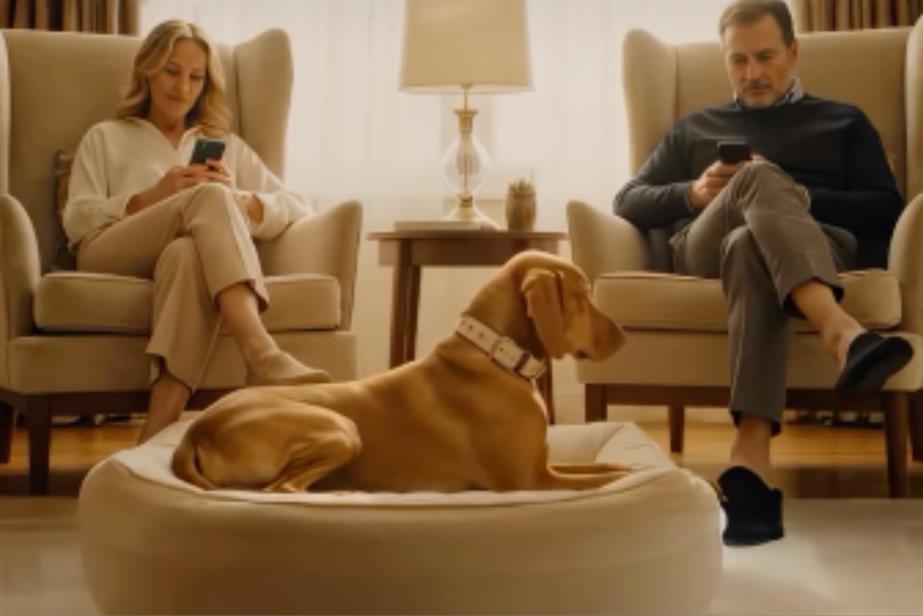 A woman and a man with a dog sitting between them