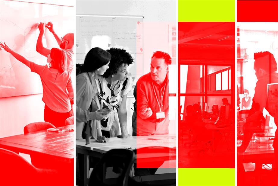 Four images in red and white showing snapshots of teams putting together pitch ideas