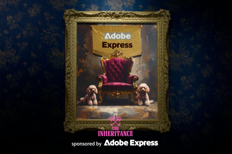 Two dogs sit next to a throne-like chair in an ornate portrait.