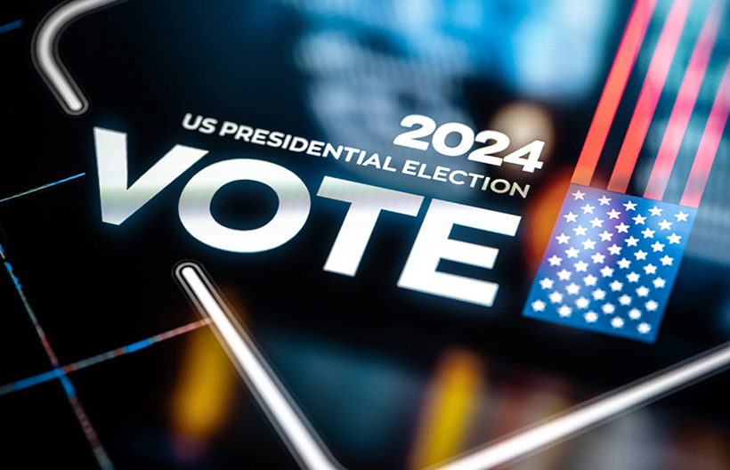 Screen with American flag and "2024 US Presidential Election Vote"