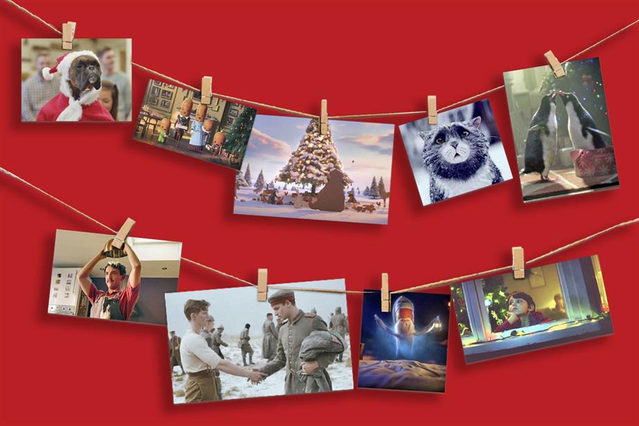 Stills of Christmas ads in the research designed as cards hung up on string