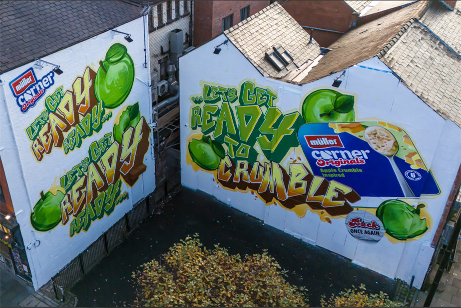 An aerial picture of Müller's OOH creative in Manchester